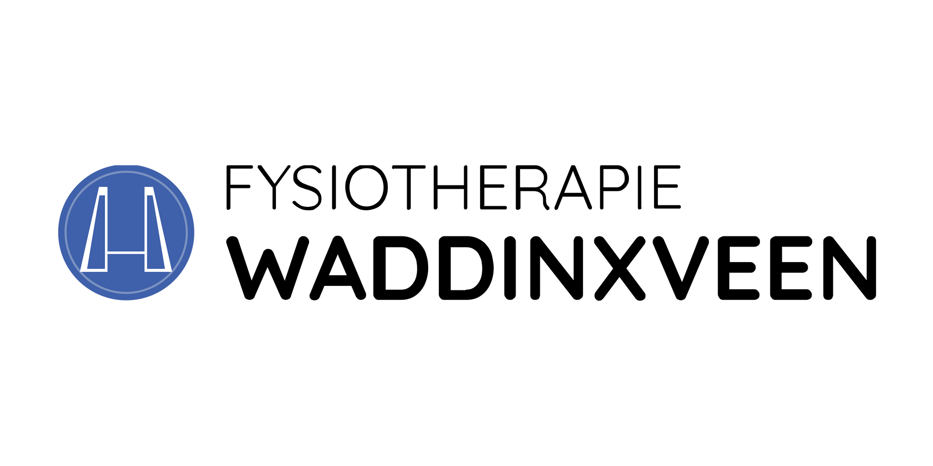 Logo voor Fysiotherapie Waddinxveen: Blauwe cirkel met een abstracte afbeelding en tekst.