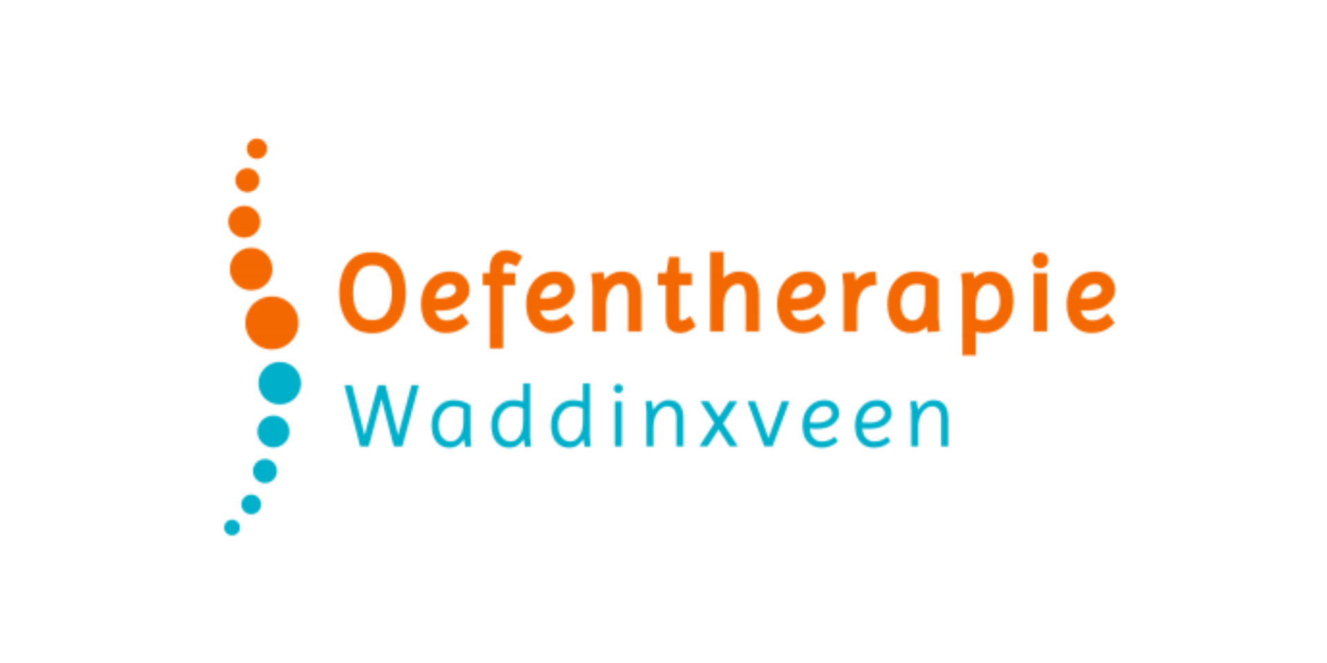 Logo voor Oefentherapie Waddinxveen met oranje en turquoise ruggengraatvormige stippen en tekst.