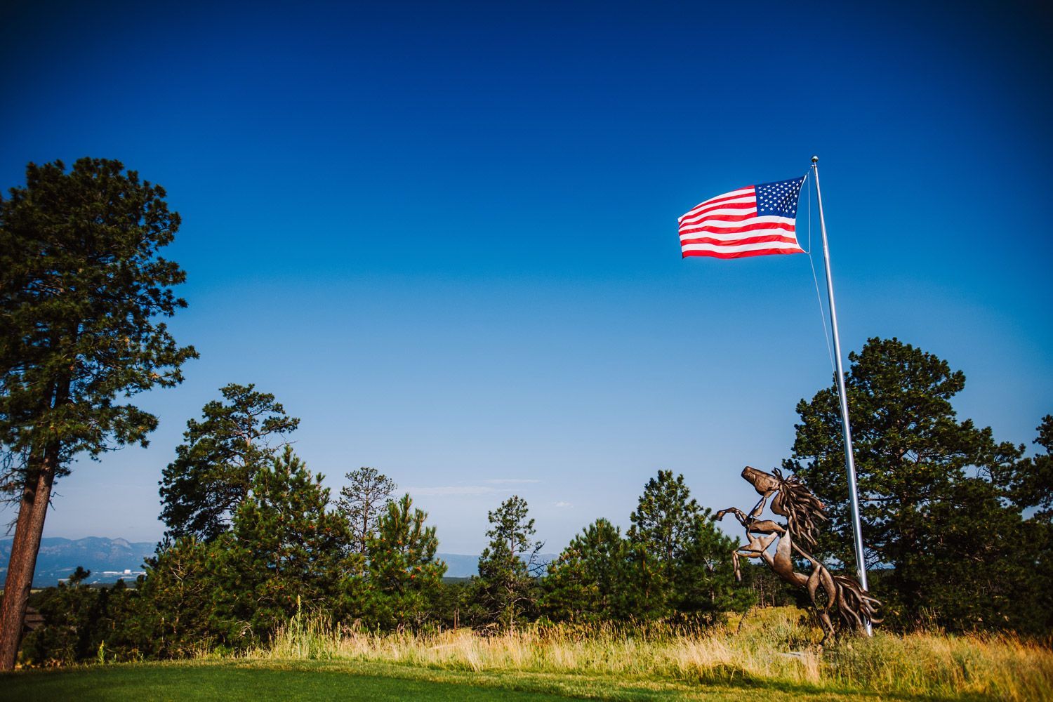 flag with horse statue on hole 1