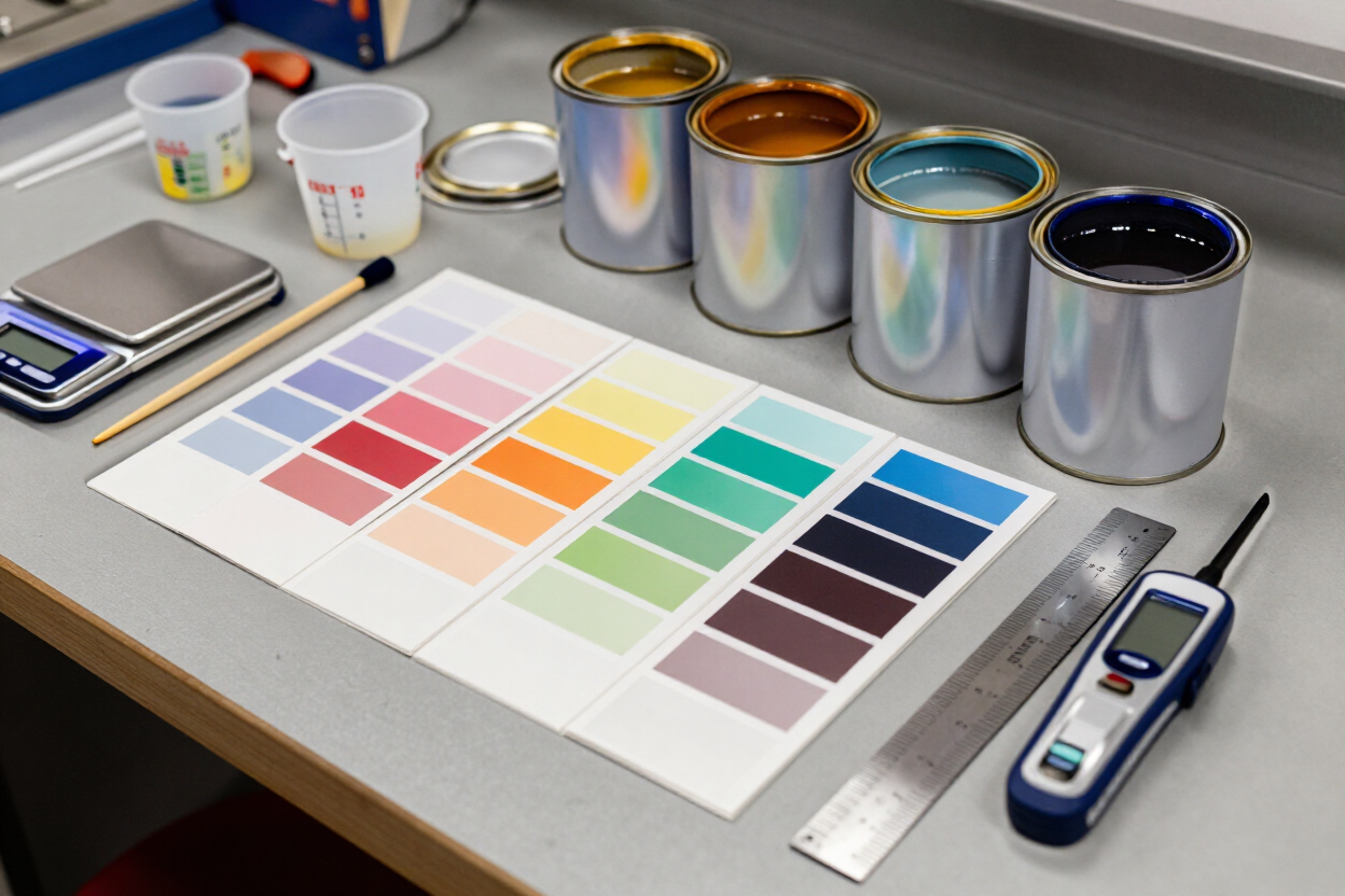 Botes de muestra de pintura y muestras de color sobre una mesa de trabajo, con un termómetro digital y una regla cerca