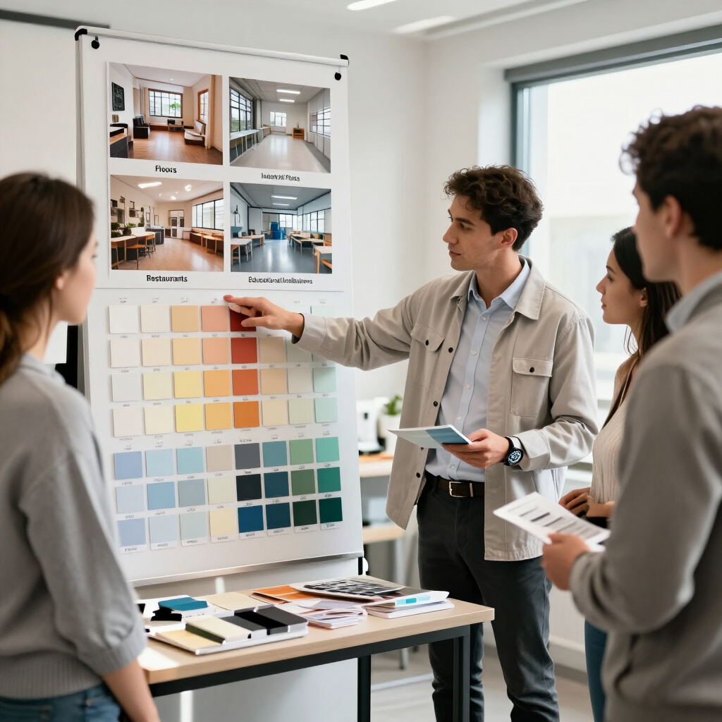 El equipo revisa muestras de diseño y fotos de habitaciones en un panel en la pared de una oficina luminosa.