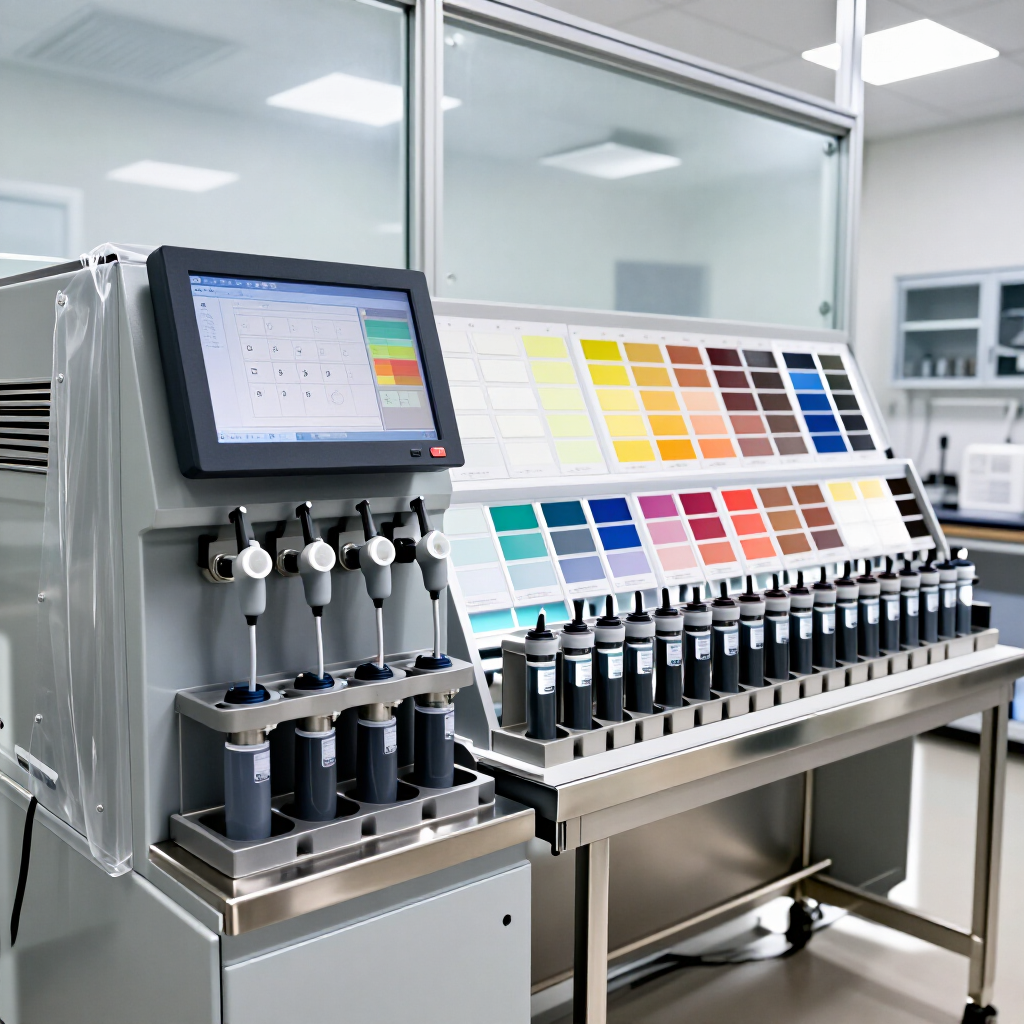 Máquina mezcladora de pintura industrial con muestras de colores y panel de control digital en un laboratorio