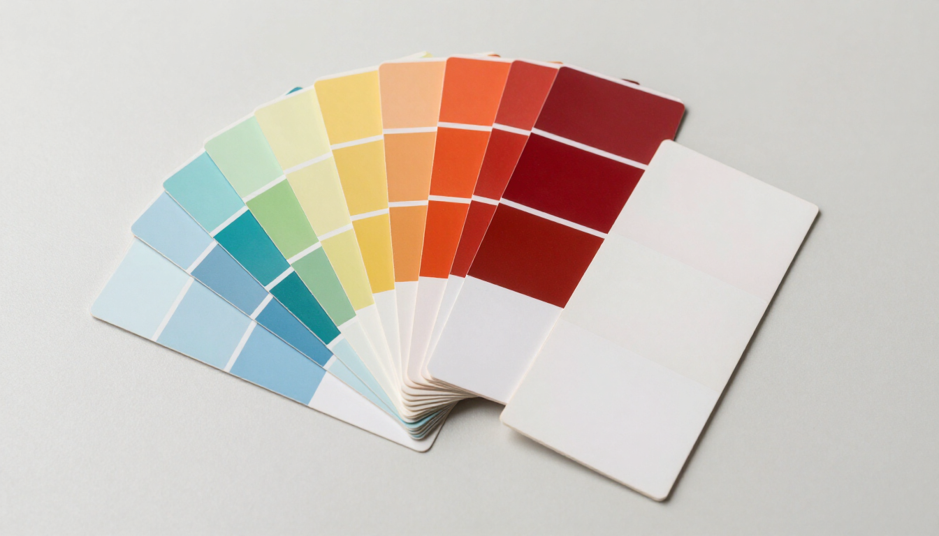 Abanico de muestras de color con una tarjeta de muestra blanca en blanco sobre un fondo claro