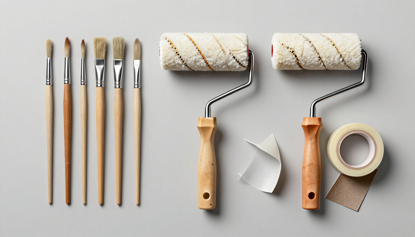 Materiales para pintar: cinco pinceles, dos rodillos, cinta de carrocero y papel sobre un fondo claro.