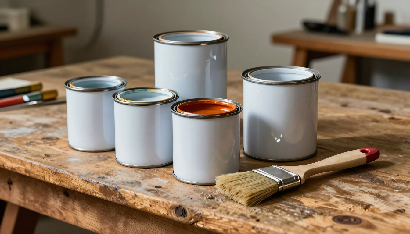 Cinco latas de pintura y una brocha sobre un banco de trabajo de madera desgastado en un taller.