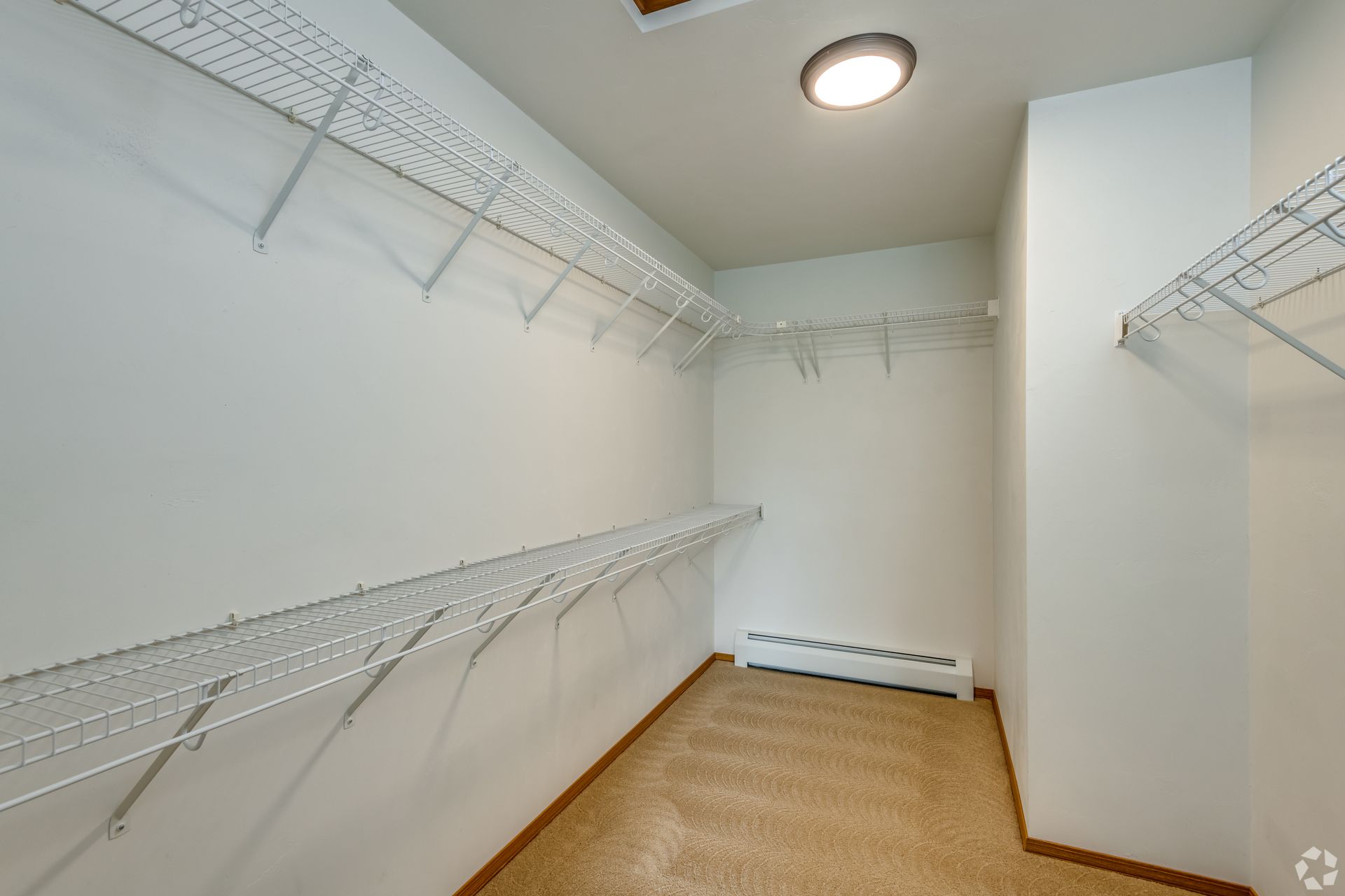 Empty white walk-in closet with wire shelving and tan carpet, lit by a ceiling light.