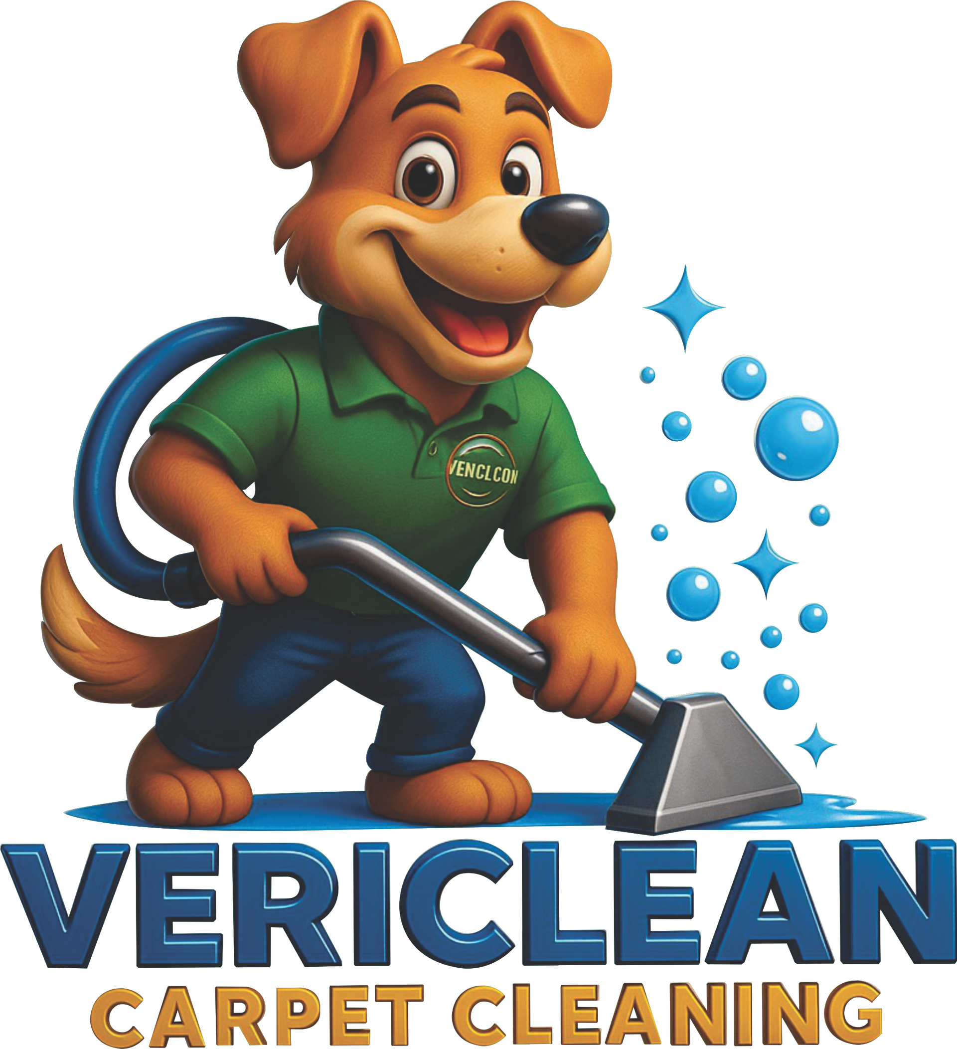 Logo for FreshClean Carpet Care featuring a blue square icon with a green bucket and mop next to the company name.