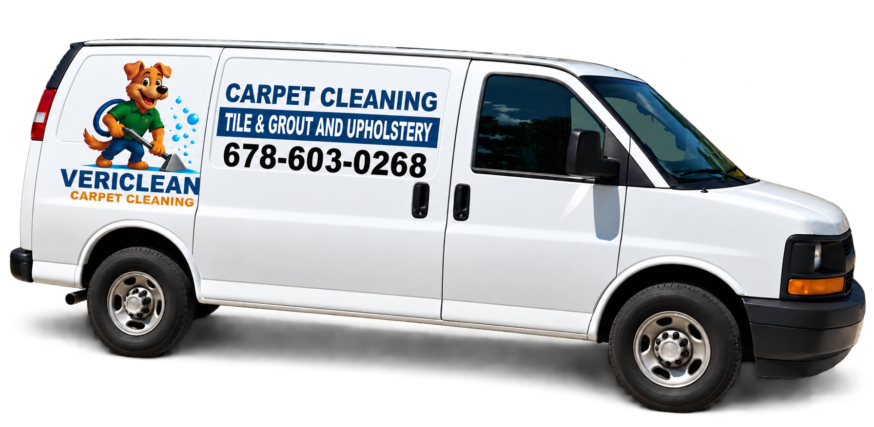 White Everclean carpet cleaning van with company logo and phone number on the side