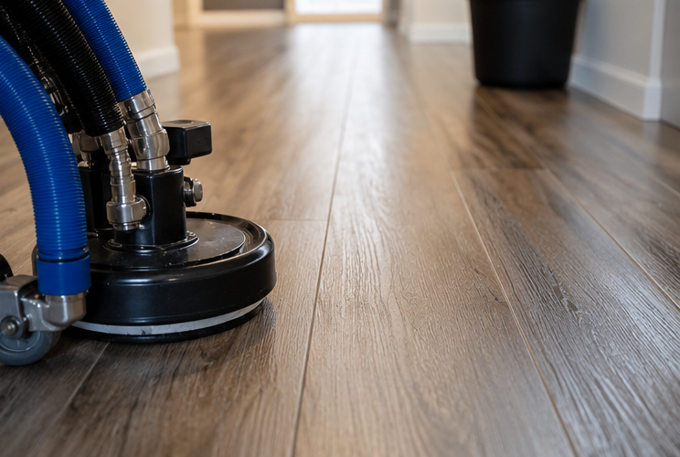 Floor-cleaning machine on a hardwood hallway floor, with blue hoses and a black scrubber head