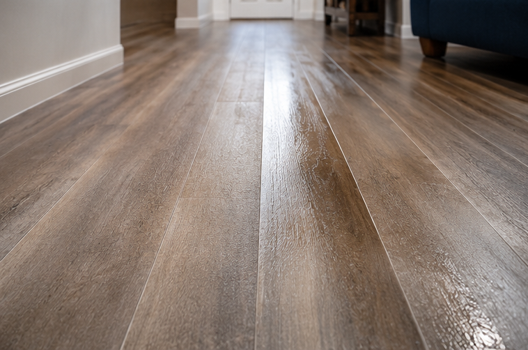 Wooden floor hallway with light streaming in from a doorway.