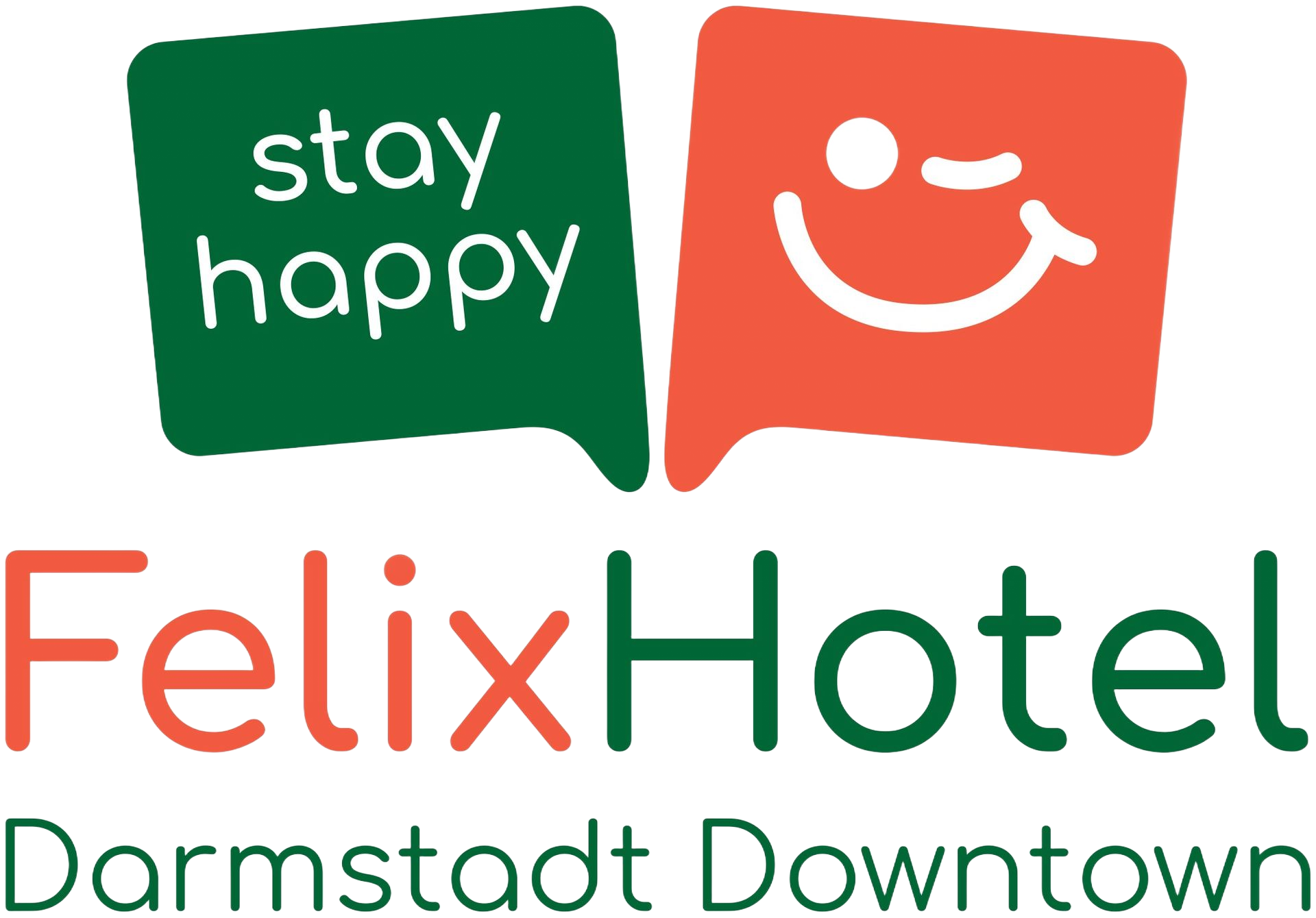 Logo des Felix Hotels Darmstadt Innenstadt mit grünen und korallenfarbenen „Stay Happy“-Symbolen