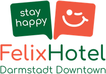 Logo des Felix Hotels Darmstadt Innenstadt mit grünen und korallenfarbenen „Stay Happy“-Symbolen