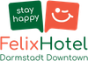 Logo des Felix Hotels Darmstadt Innenstadt mit grünen und korallenfarbenen „Stay Happy“-Symbolen