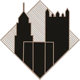 Abstract black city skyline logo with tan diamond outline and striped background