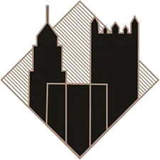 Black city skyline logo with a central tower and striped diamond background