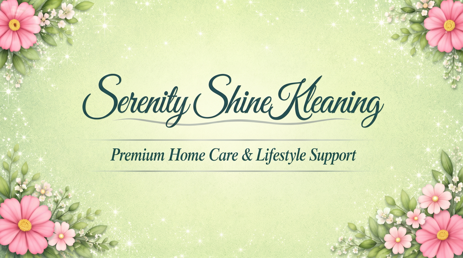 Serenity Shine Kleaning logo on a light green floral background with pink flowers and “Premium Home Care & Lifestyle Support” text