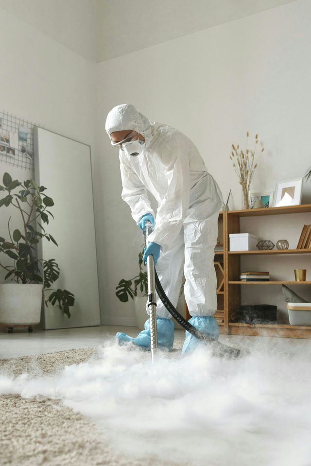 Person in white protective suit cleaning dense white foam from a living room floor with a vacuum hose