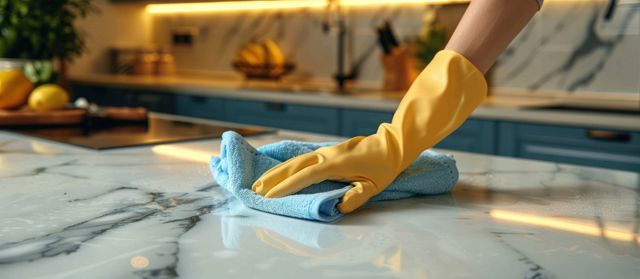 Gloved hand wiping a marble kitchen countertop with a blue cloth near a sink