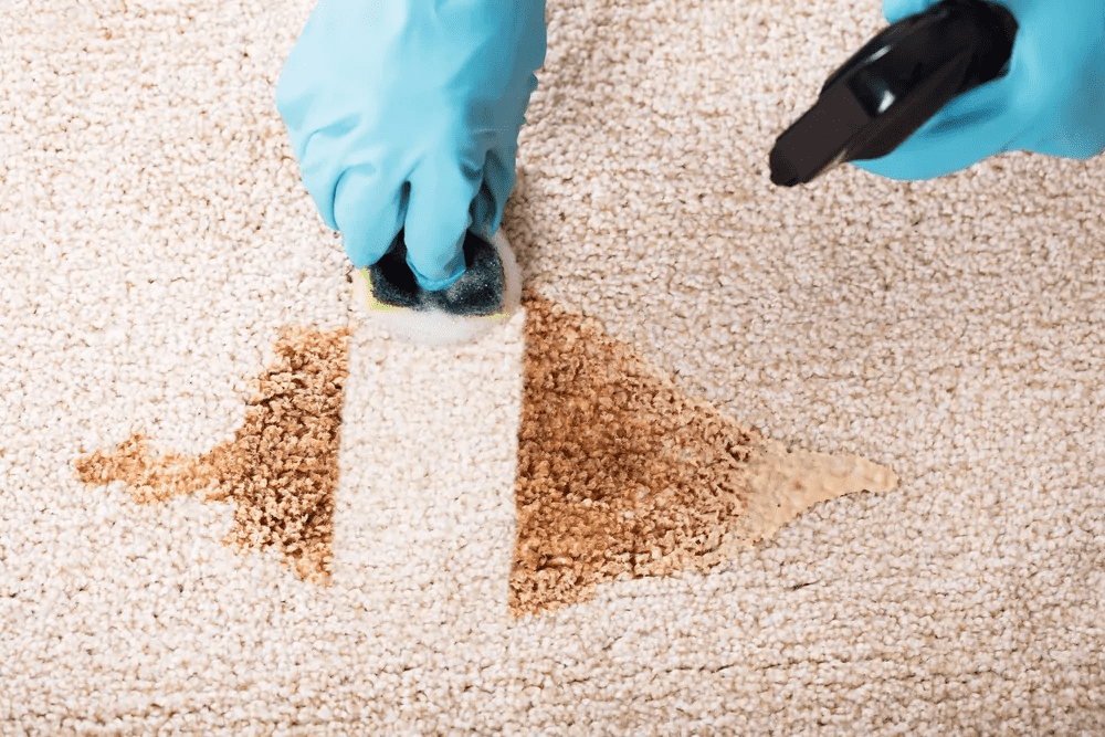 Gloved hands collecting spilled brown powder with a black vacuum on a countertop