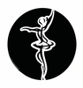 White abstract dancer silhouette inside a black circle on a white background