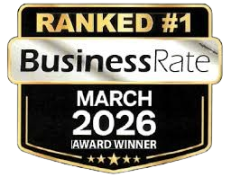 Black and gold BusinessRate badge: Ranked #1, March 2026 award winner, five stars.