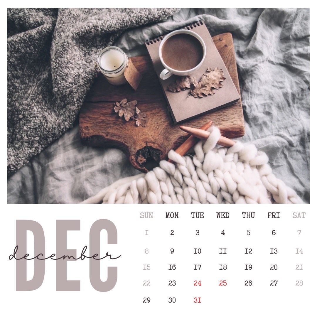 A calendar for december with a cup of coffee on a cutting board A calendar for december with a cup of coffee on a cutting board