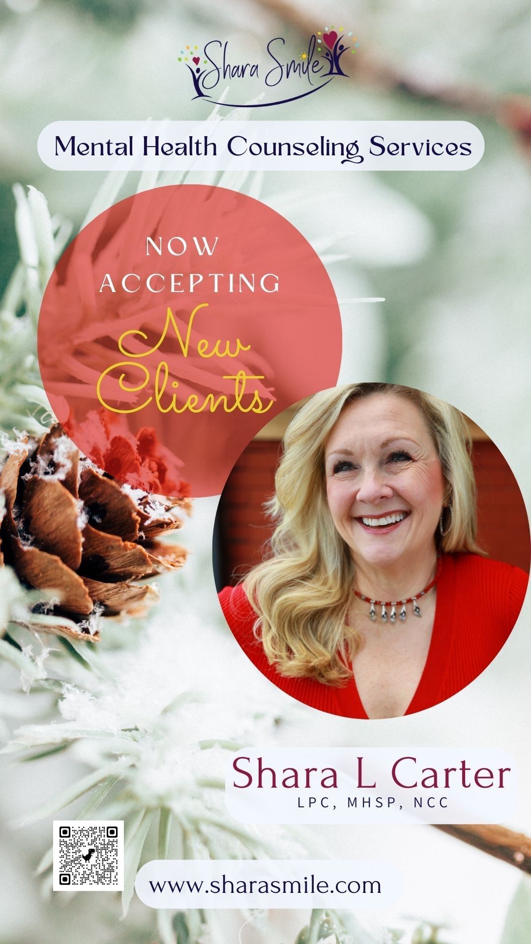 A woman in a red shirt is smiling in front of a pine cone. A woman in a red shirt is smiling in front of a pine cone.