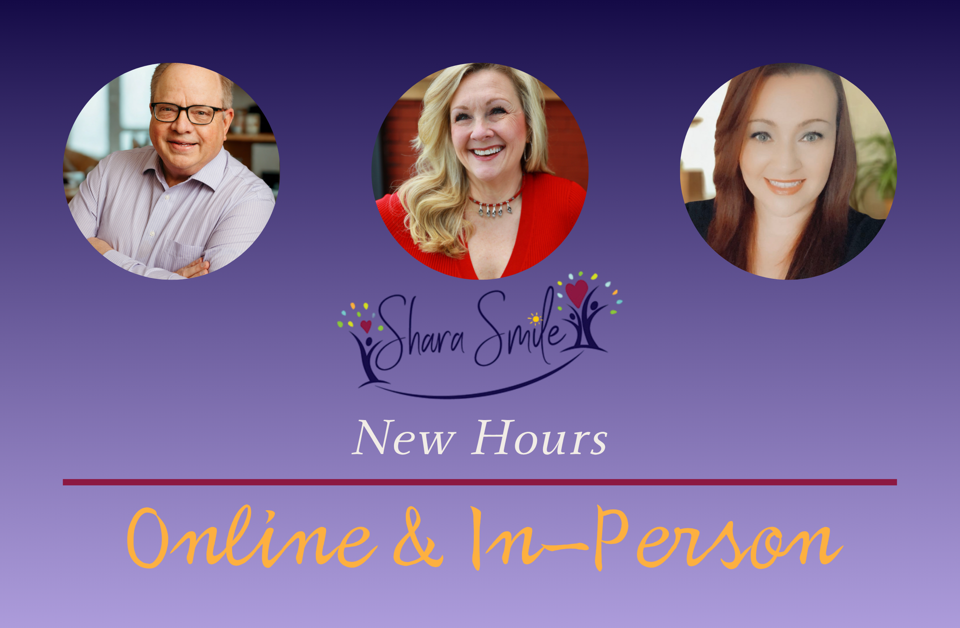 A purple background with three people and the words online and in person A purple background with three people and the words online and in person