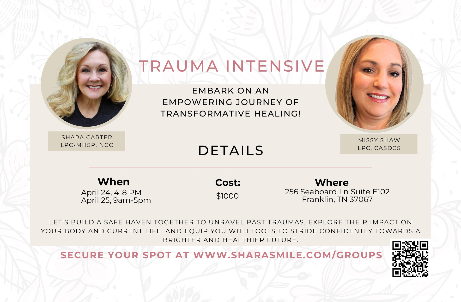 A poster for trauma intensive with two women on it A poster for trauma intensive with two women on it