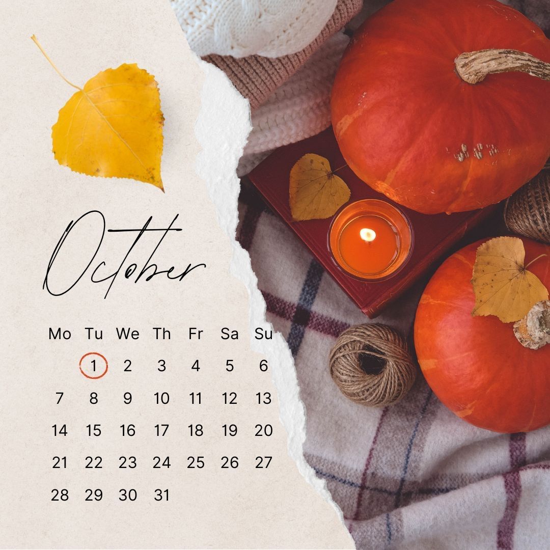 A calendar for october with pumpkins and a candle A calendar for october with pumpkins and a candle