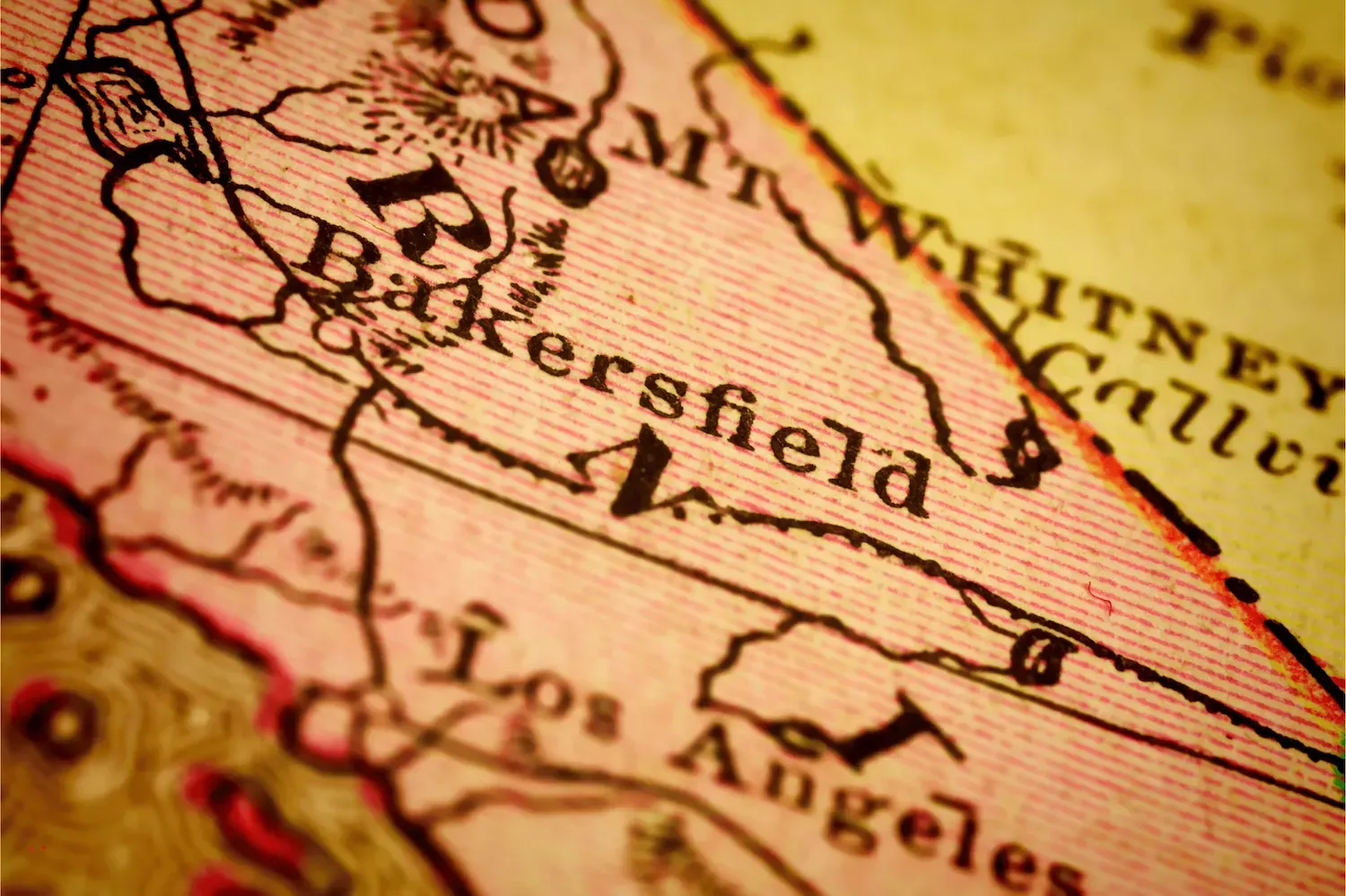 Vintage map of Bakersfield California highlighting the service area for Top Grade Plumbing slab leak repair