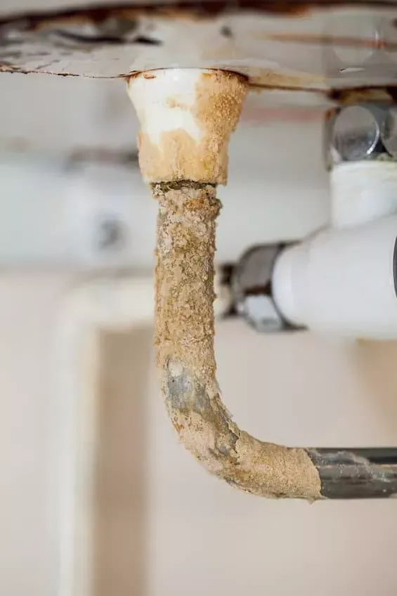 Heavy calcium and mineral buildup coating the inside of a drain pipe cleared by hydro jetting in Bakersfield CA