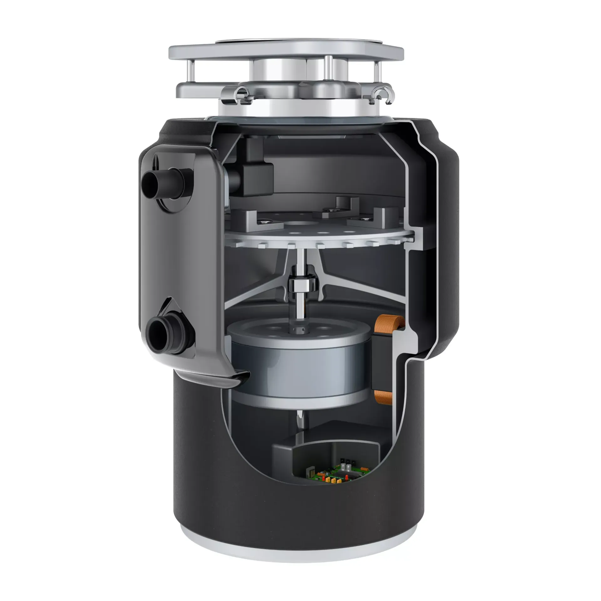 Cutaway diagram showing the internal components of a garbage disposal unit repaired by Top Grade Plumbing in Bakersfield CA