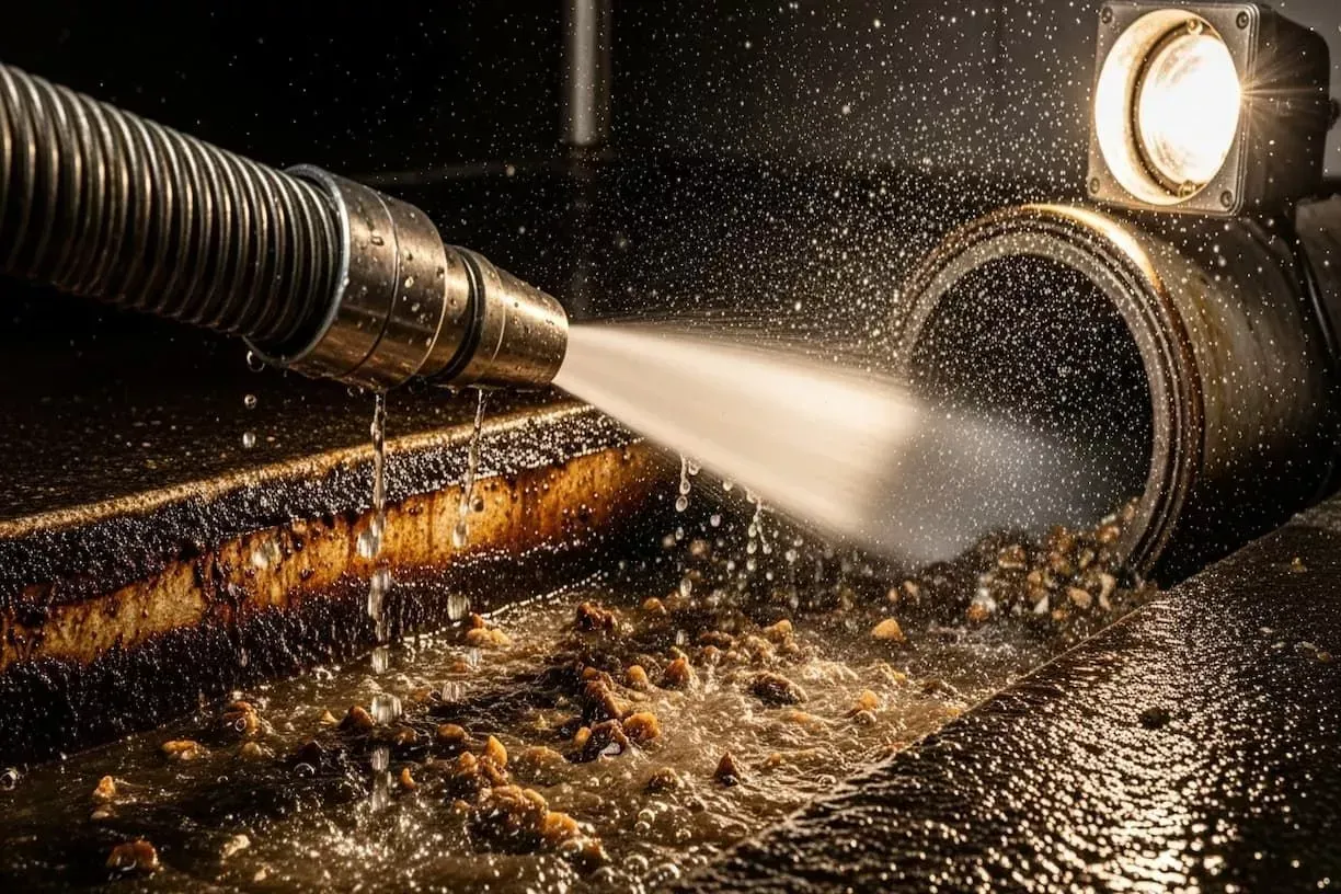 High pressure hydro jetting nozzle blasting debris and buildup out of a clogged drain pipe in Bakersfield CA