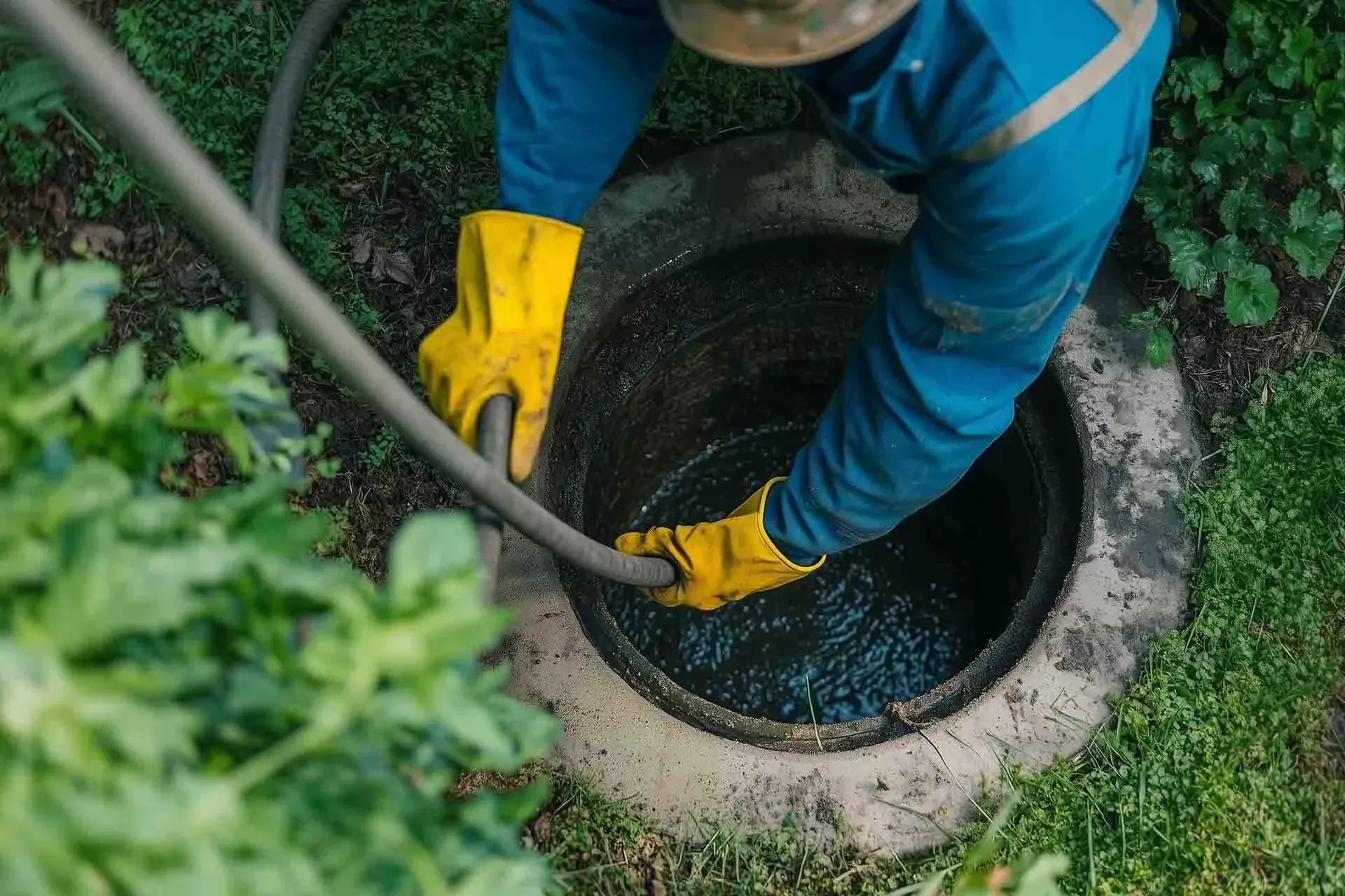 Technician using hydro jetting equipment to clear a clogged sewer line cleanout in Bakersfield CA