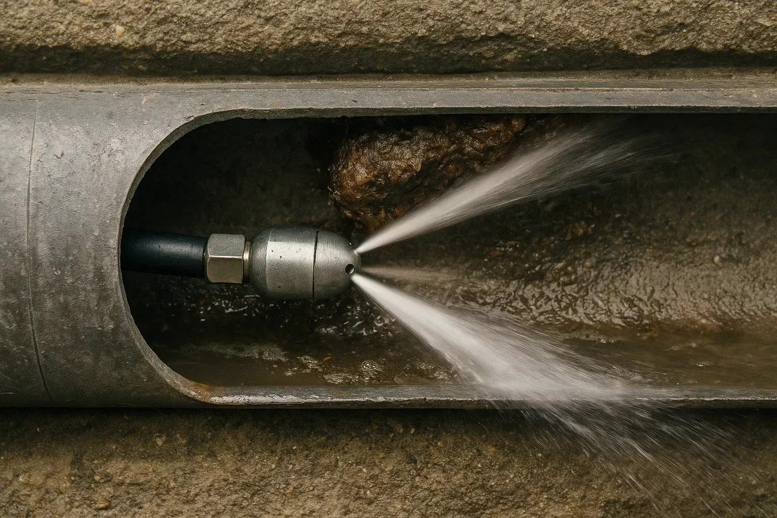 High pressure hydro jetting nozzle blasting buildup out of a clogged drain pipe in Bakersfield CA