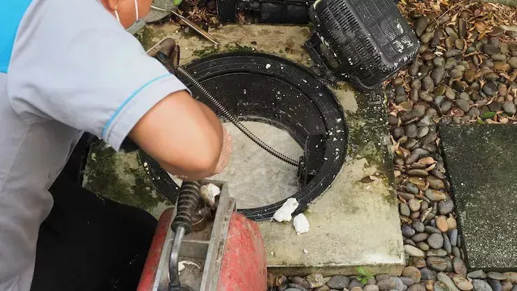Plumber snaking a main line drain cleanout to clear a blockage in Bakersfield CA