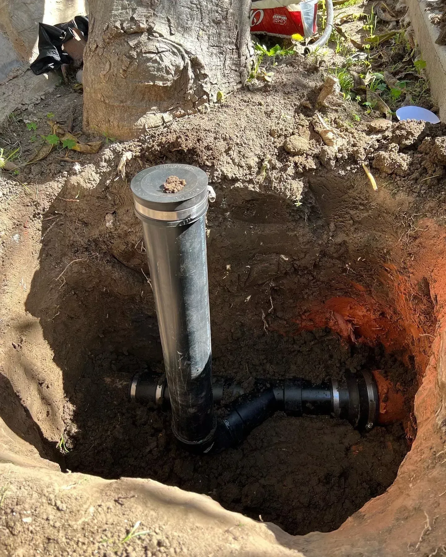 Excavated sewer cleanout installation with tree root protection completed by Top Grade Plumbing in Bakersfield CA