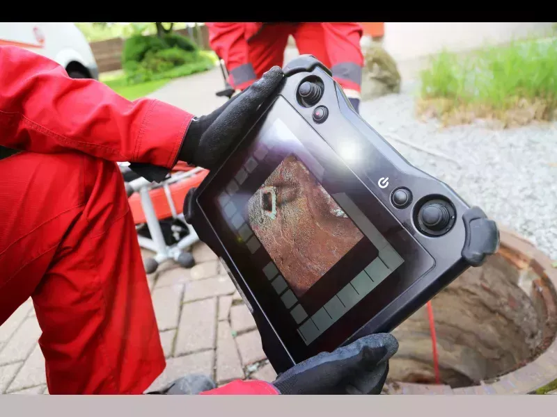 Technician reviewing sewer camera inspection footage to locate a drain blockage in Bakersfield CA