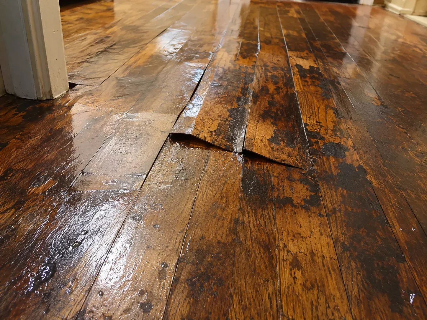 Warped and buckled hardwood floor with water damage caused by an untreated slab leak in a Bakersfield home