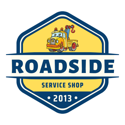 A logo for a roadside service shop with a tow truck on it.