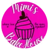 A pink logo for mimi 's bake house with a cupcake on top