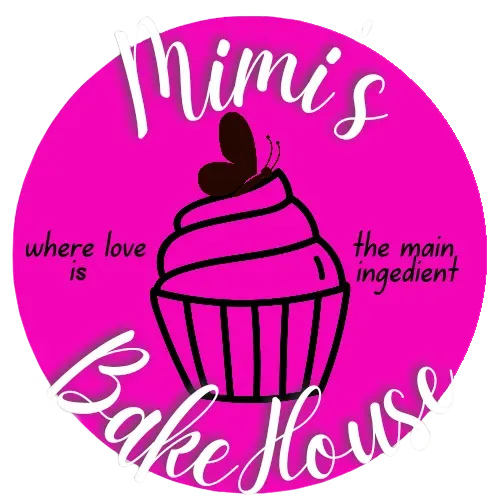 A pink logo for mimi 's bake house with a cupcake on top