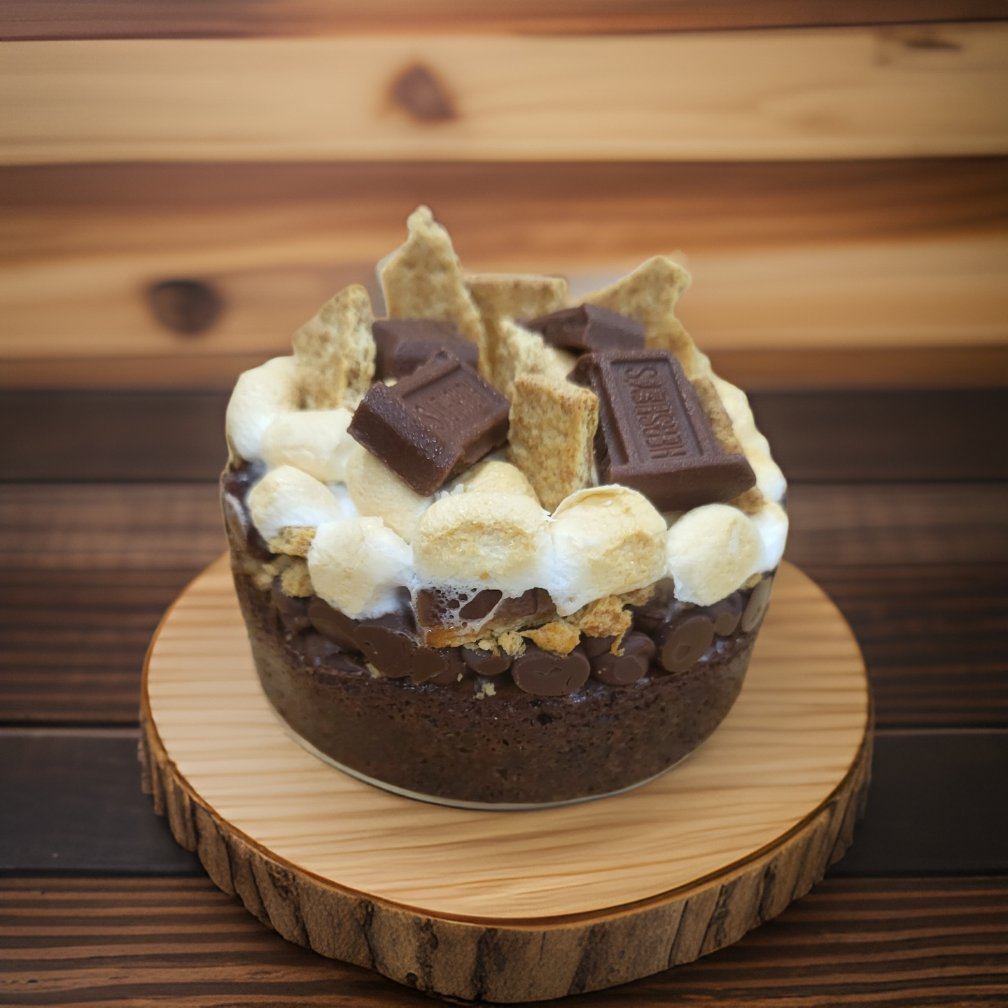 A chocolate cake with marshmallows and chocolate chips on a wooden plate