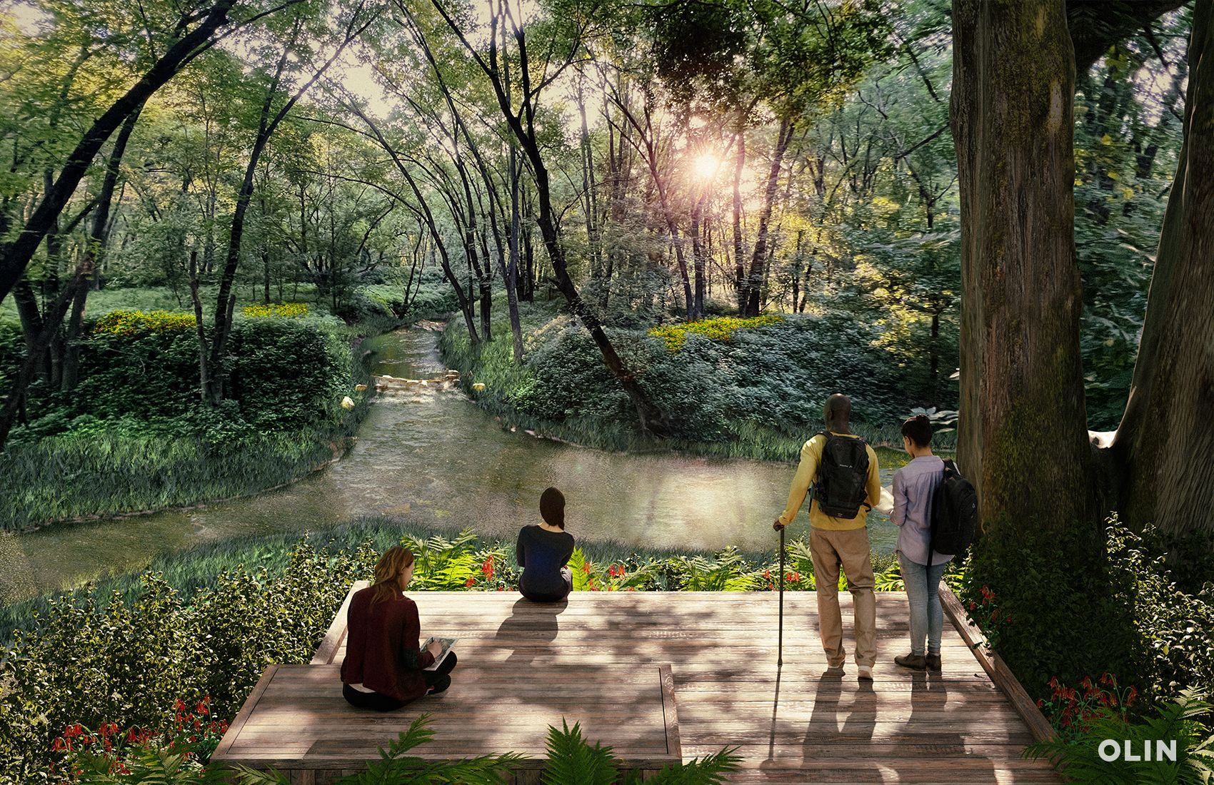People enjoy a scenic view from a wooden platform in a lush forest. Sun glints over the water.