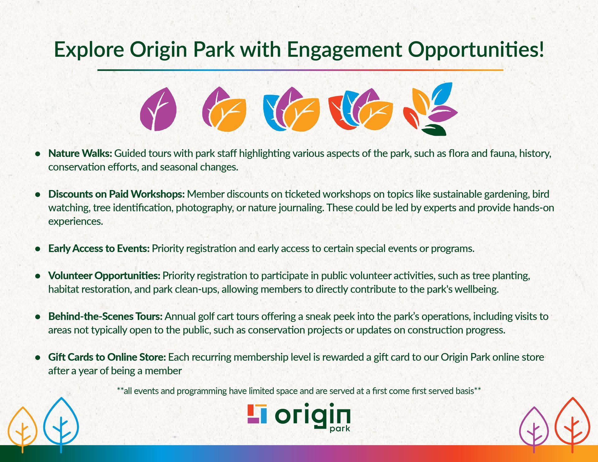 Flyer: Explore Origin Park with engagement opportunities, including nature walks, volunteer days, and gift cards.