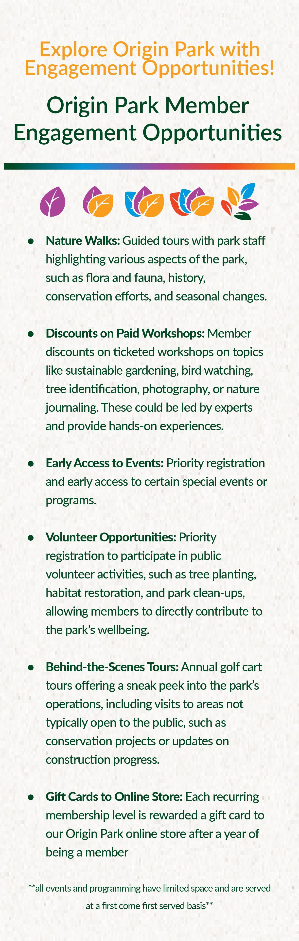 Origin Park Member Engagement Opportunities: Text with colorful icons listing engagement programs.