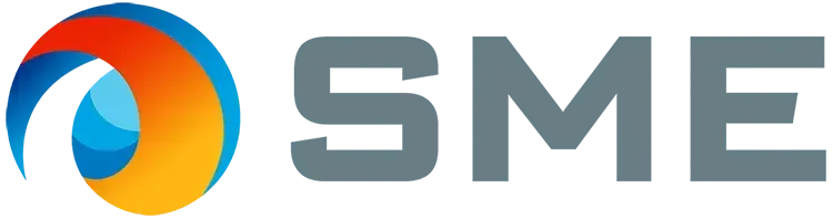 A logo for sme with a blue and orange circle in the middle.
