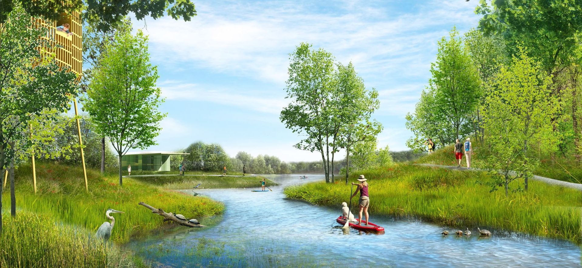 A river scene with trees, a person paddleboarding with a dog, and people walking on a path.