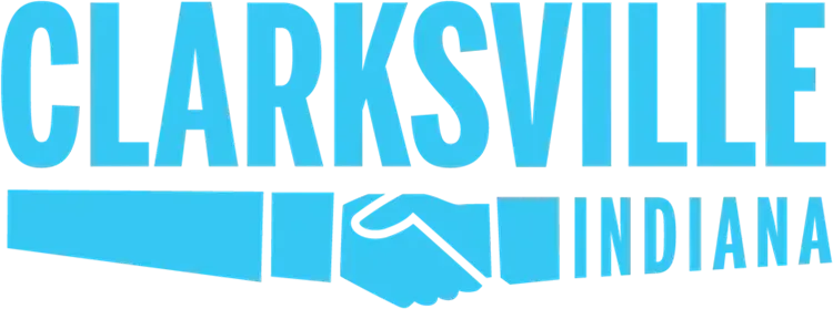 A blue logo for clarksville indiana with a handshake.